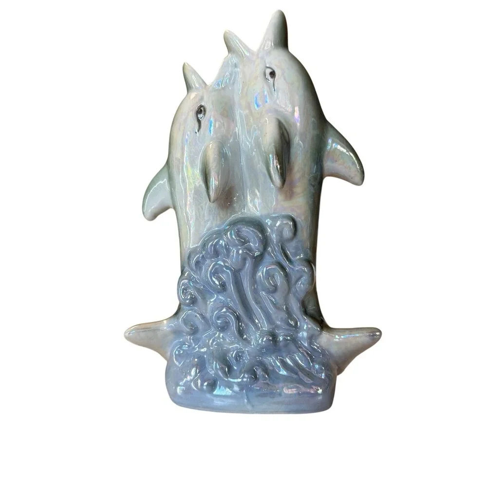 Vintage Iridescent Lusterware Two Dolphin Double Mouth Bud Vase Made in China 8